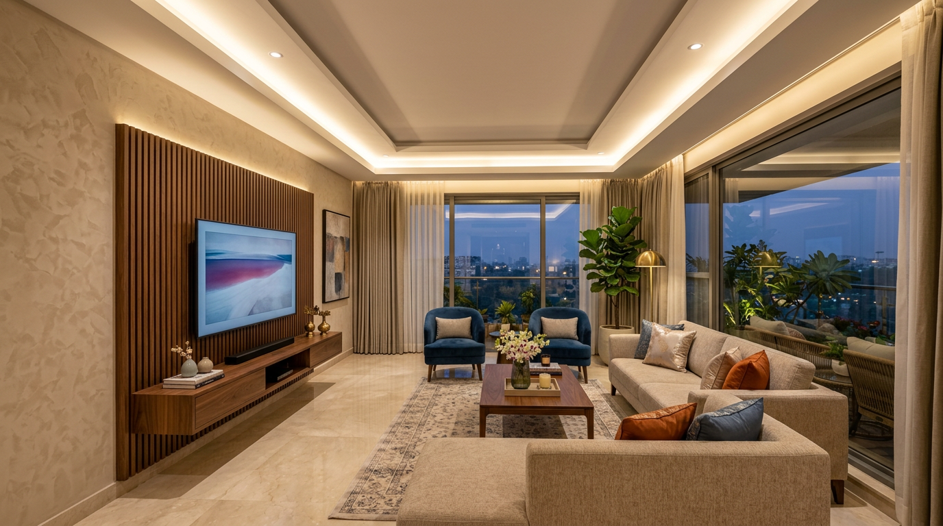 Full home turnkey interior in Bangalore with floating TV unit, POP false ceiling with cove lighting and marble floor tiles
